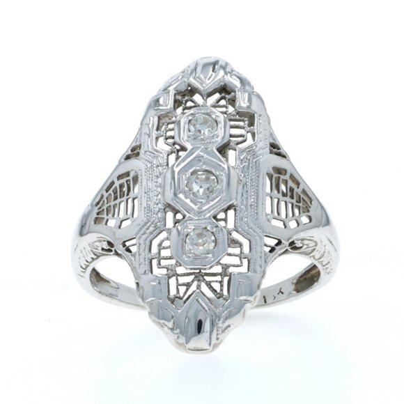 White Gold Diamond Art Deco Three-Stone Ring 18k Single .15ctw Vintage Filigree - Picture 1 of 6